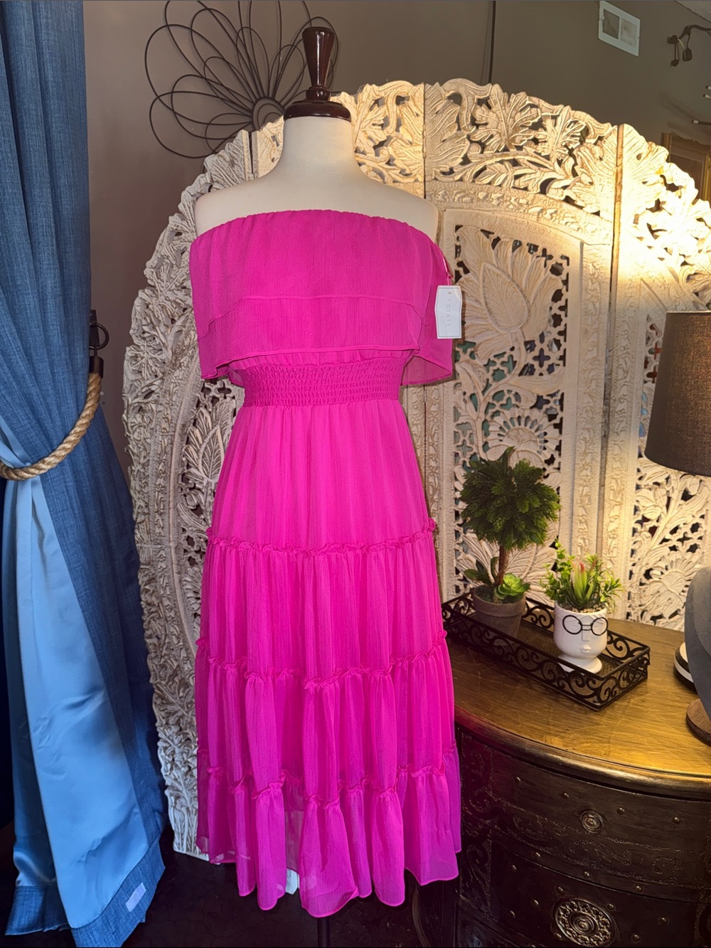 1. State Strapless Fuchsia Tiered Maxi Dress